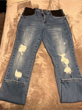 Judy Blue Distressed Blue Boyfriend Jeans with Black Side Panels